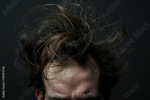 Close-up portrait of a disheveled man with wild, unkempt bedhead hair in the morning, showcasing the chaotic and tousled hairstyle in a dark background, reflecting a casual and natural look photo