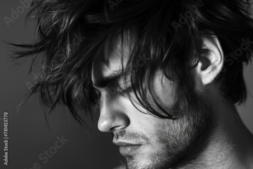 Close-up photo of a young man's disheveled bedhead hairstyle with detailed texture photo