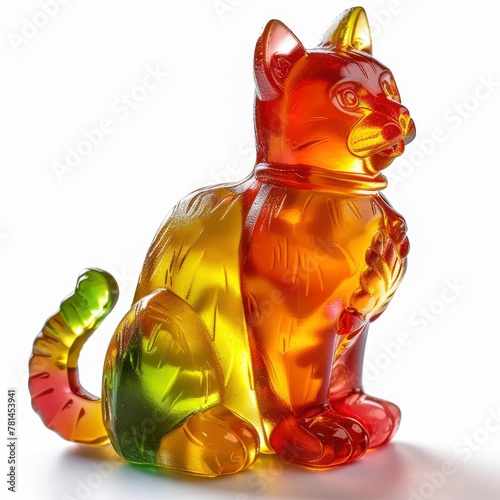 Cat figure made of sweet gelatin  edible sculpture  isolated on white background