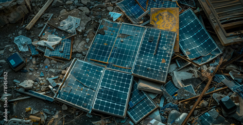A broken solar panel, a torn panel mount lie on the ground. Consequences of a natural disaster. Green energy and natural conditions