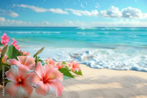 Paradise Beach, White Sand, Plumeria, Ocean Wave, Exotic Beach, Tropical Vacation, Hibiscus Flowers photo
