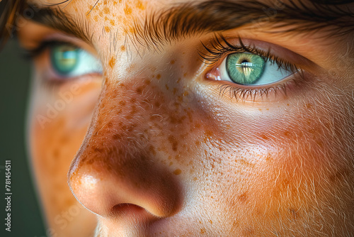 A close-up view of an individual with freckles on their face, showing the details and patterns of the freckles. The persons skin is experiencing a rosacea flare-up