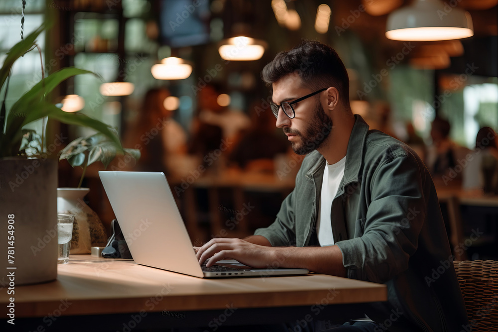 A freelancer working on a laptop in a cozy coffee shop, concept of the flexibility and creativity of remote work