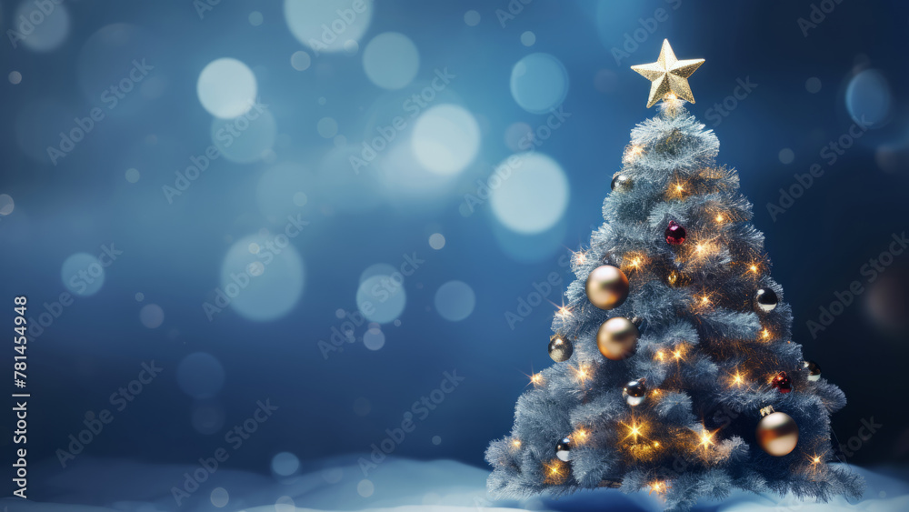 Christmas blurred background with tree, decorations on blue background with holidays bokeh lights, banner, copy space. Shallow depth of field Christmas blurred background with tree, decorations on blue background with holidays bokeh lights, banner, copy space. Shallow depth of field