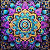 Abstract illustration of an intricate mandala design, with symbolism and detail, floral patterns