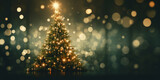 Abstract, blurred Christmas tree background with festive bokeh light. Copy space, wallpaper, banner. Shallow depth of field