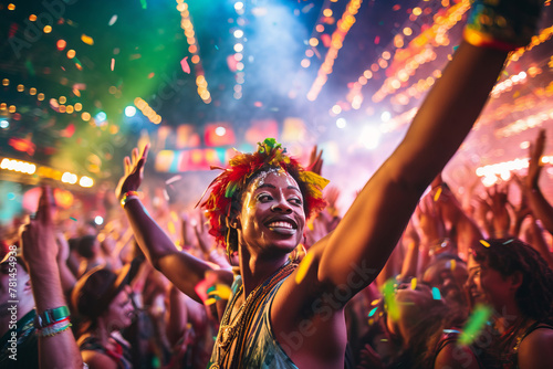 A vibrant carnival, featuring a diverse cheerful crowd celebrating under colorful festival lights and confetti. Shallow depth of field