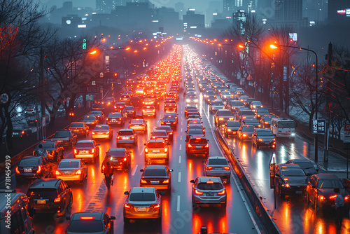Capture the extent of a traffic jam behind the scene of an accident, showing the impact on daily commute.  photo