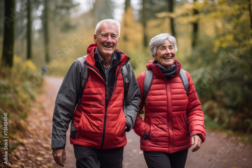 An older couple engaged in a brisk walk on a scenic trail in forest, outdoor exercise. Shallow depth of field