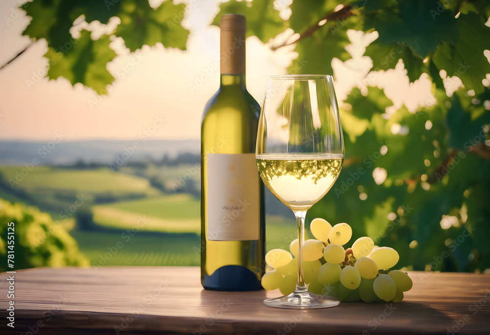 A bottle of white wine with a filled glass and a bunch of grapes on a wooden table, overlooking a vineyard during sunset.
