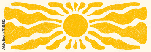 Sun groovy retro horizontal background. Sun burst hippie banner with vintage grainy texture, hand drawn abstract wavy pattern in 60s, 70s. Modern Matisse style summer vector illustration