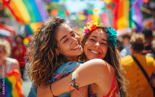 Joyful Embrace at Pride Parade - Friends Celebrating Diversity © AI Visual Vault