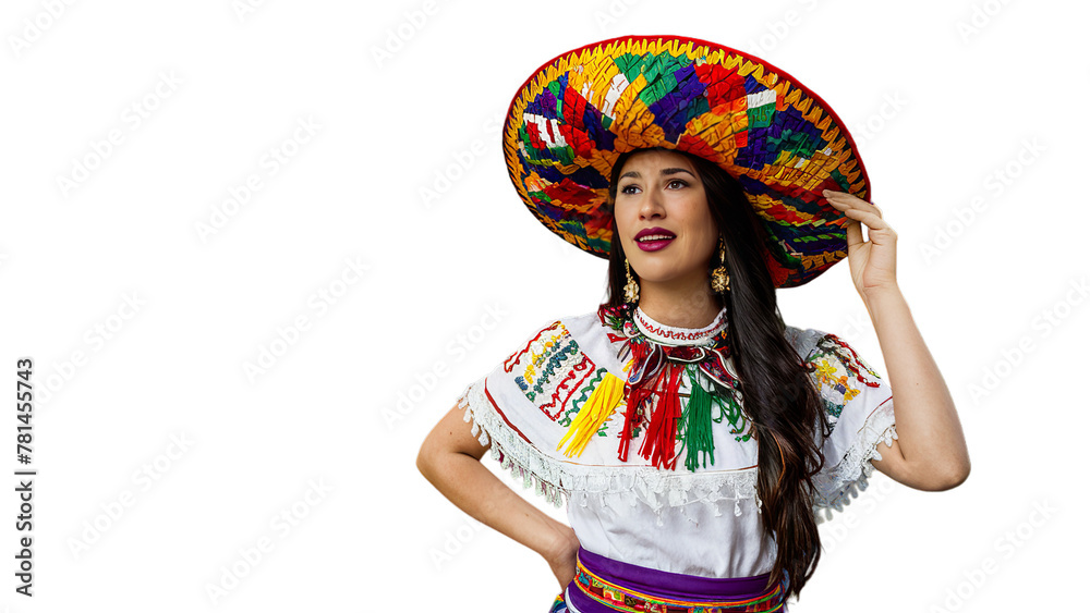Cinco de mayo, Mexican girl wearing Sombrero hat, isolated on transparent background