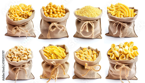 Collage of different types of Italian pasta in bags on white background