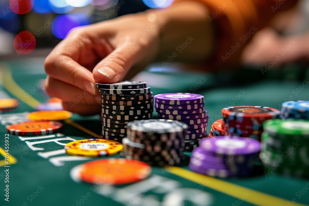 A person is sitting at a table and holding casino chips in their hand. There is green felt with yellow numbers on it. The table has multiple poker chip stacks scattered around it A person is sitting at a table and holding casino chips in their hand. There is green felt with yellow numbers on it. The table has multiple poker chip stacks scattered around it