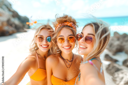Three young women, of different ethnicities, are smiling and posing in bikinis, while taking a selfie together on vacation. They appear happy and enthusiastic