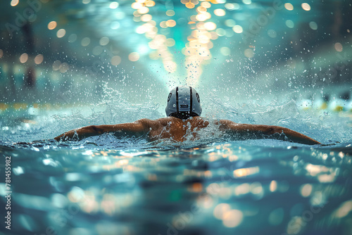 A man with a helmet is swimming in a pool. Despite the helmet, he is gracefully moving through the water. The action captures the determination and strength of the athlete