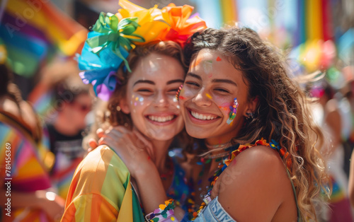 Two Women Joyful Pride Parade Colorful Rainbow LGBTQ+ Celebration Love Diversity