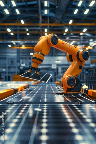 Innovative technology in action An orange industrial robot arm assembles solar panels on a modern factory production line, highlighting advancements in automated manufacturing