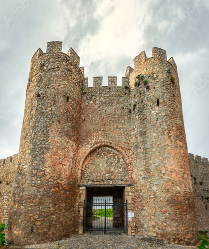 The front gate to the Samuel's Fortress, in Ohrid, North Macedonia. Built during the late 900s by the King Samuil of Bulgaria, it was heavily restored in 2003.