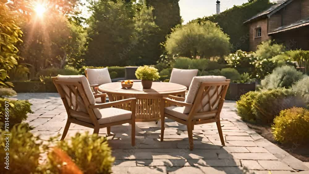 Elegant Home Garden with Trendy Furniture on a Beautiful Summer Day Elegant Home Garden with Trendy Furniture on a Beautiful Summer Day