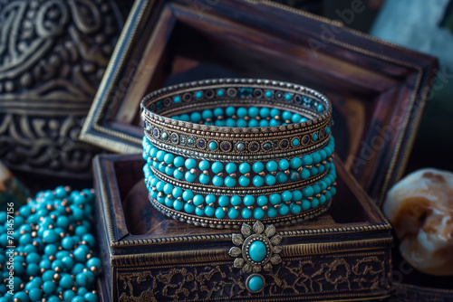 Vintage turquoise bracelet in wooden jewelry box photo