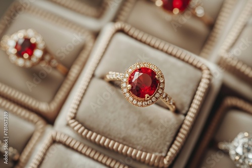 Elegant ruby ring surrounded by diamonds in jewelry box photo