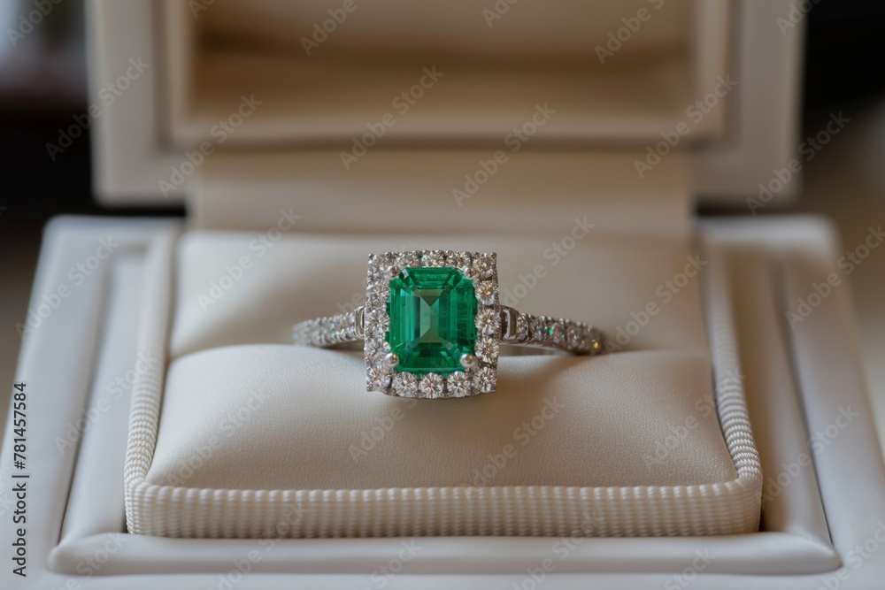 Elegant emerald engagement ring on display