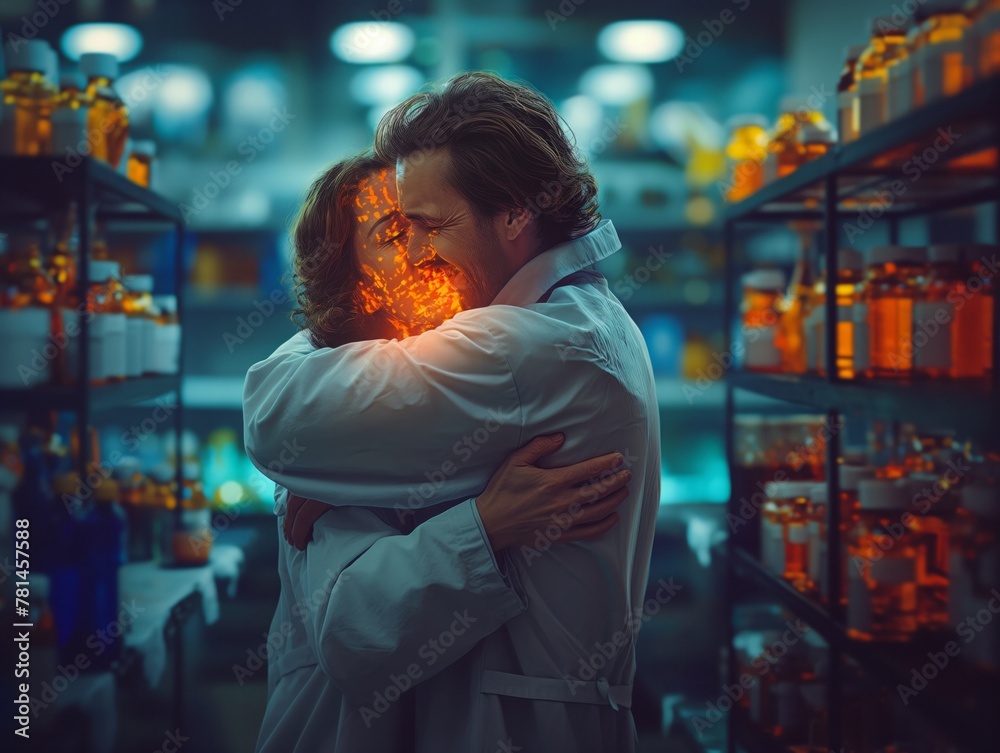 A man and woman are hugging in a lab with a fire in the woman's face. Scene is intense and dramatic