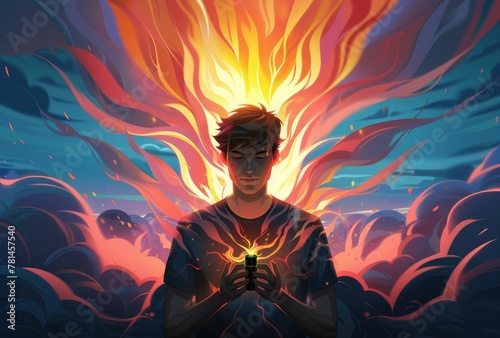 Digital illustration of a young man with closed eyes unleashing a vibrant, fiery burst of creativity and imagination.