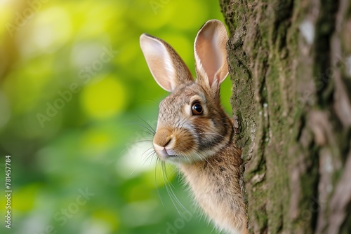 Adorable Wild Rabbit Peeking from Behind a Tree in Lush Green Foliage - Perfect Capture of Wildlife in Spring Season