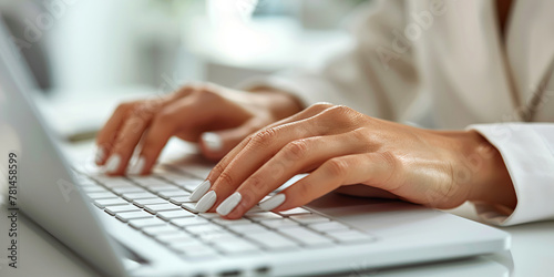 Close-up of businesswoman typing on laptop, online work, marketing, surfing the internet, remote work, remote work concept, hands woman
