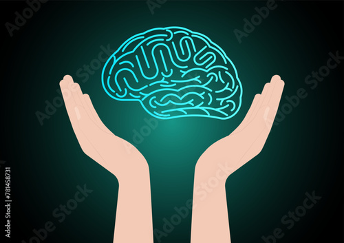 Brain. Hand Holding Human Brain. Brainstorm, Creativity and Thinking Idea Concept. Vector Illustration. 