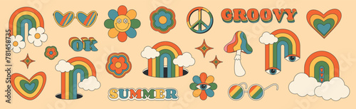 Set of hand drawn rainbows and rainbow color elements in groovy style, retro 60s, 70s. With eyes, clouds, flowers. Vector illustration eps10