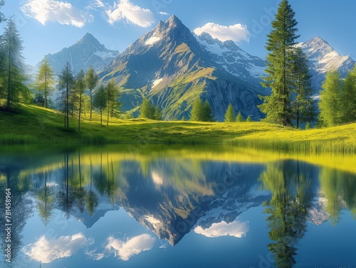 A beautiful mountain landscape with a lake in the foreground. The lake is surrounded by trees and mountains, creating a serene and peaceful atmosphere