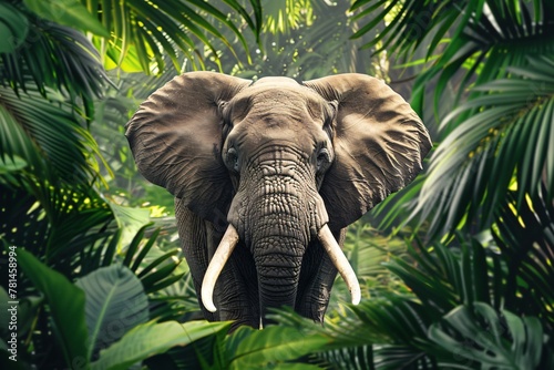 Elephant majestically traversing through the dense jungle vintage wallpaper with lush foliage frame