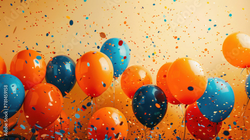 Dynamic image showing blue and orange balloons amidst an explosion of confetti, creating a warm-toned festive atmosphere