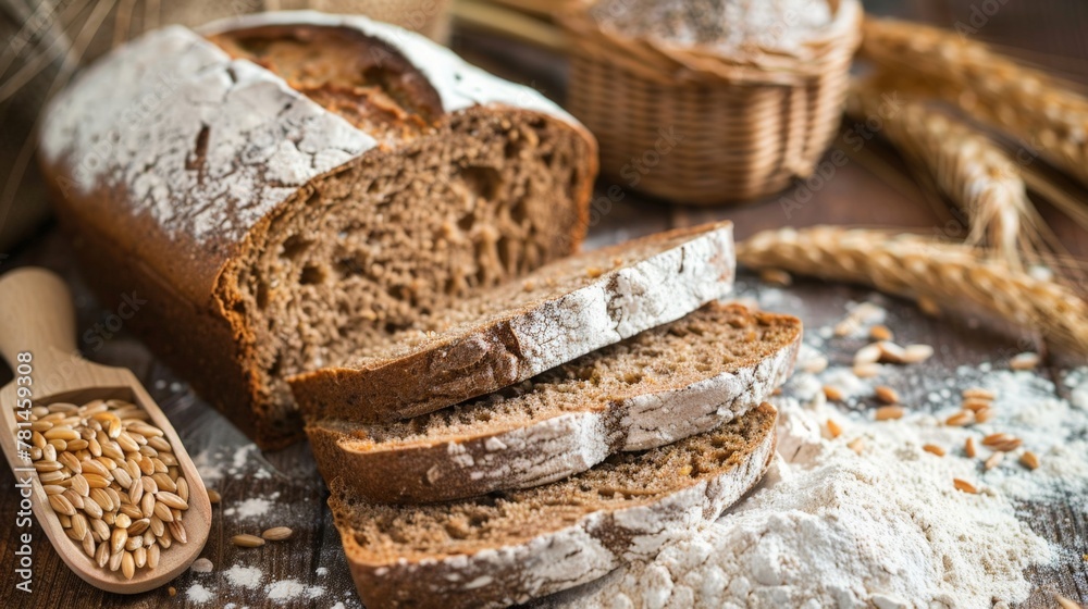 Loaf of bread with wheat and flour Loaf of bread with wheat and flour