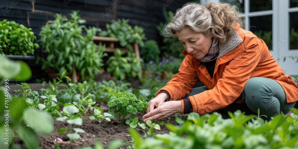 custom made wallpaper toronto digitalwoman in bright clothes planting herbs or vegetables in a small backyard garden. ai generated