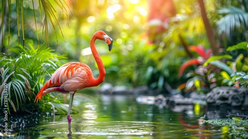 Flamingo amidst a jungle pond elegant against a backdrop of tropical flora in a classic vintage wallpaper setting photo