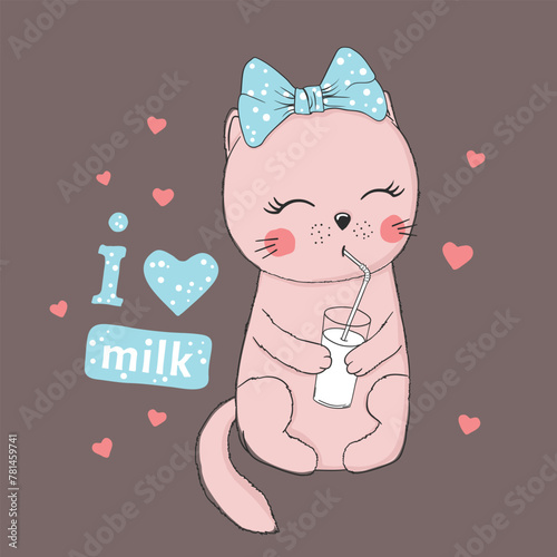 Cute cat girl. Little kitten drinking milk