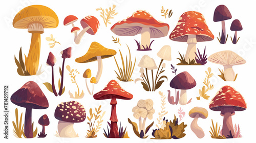 Conjunto de cogumelos no fundo branco - Ilustração
