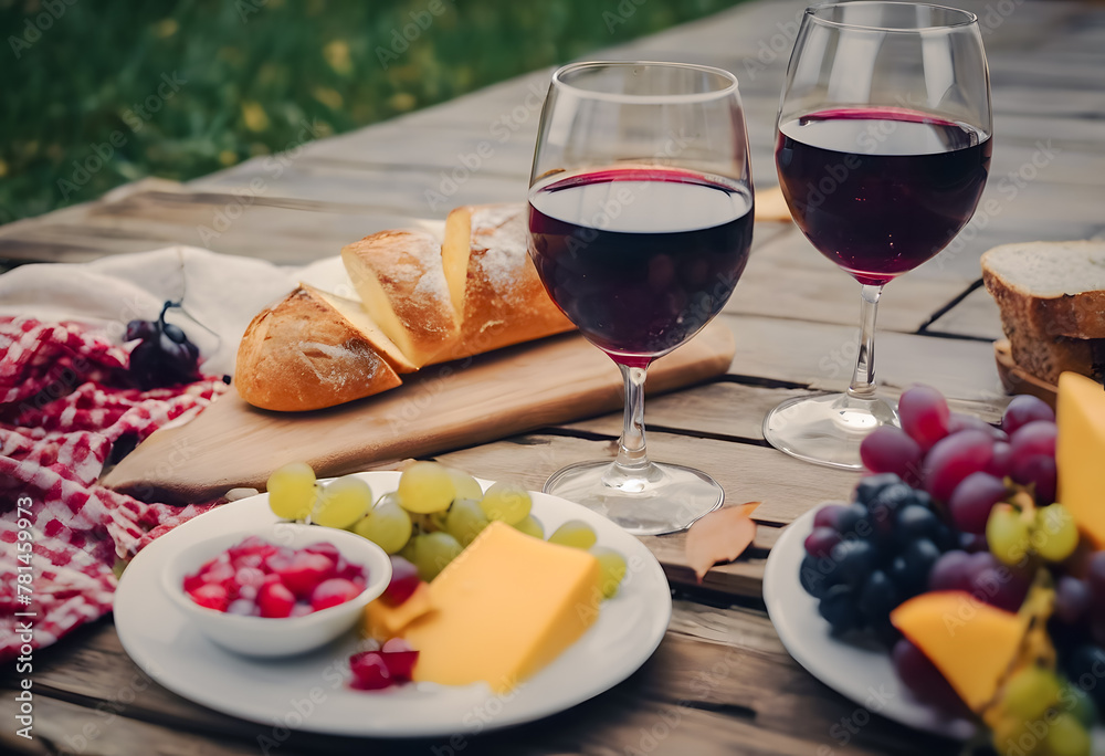 Rustic outdoor picnic setting with two glasses of red wine, a fresh baguette, assorted cheeses, grapes, and raspberries on a wooden table with a checkered napkin. National cheese and wine day. Rustic outdoor picnic setting with two glasses of red wine, a fresh baguette, assorted cheeses, grapes, and raspberries on a wooden table with a checkered napkin. National cheese and wine day.