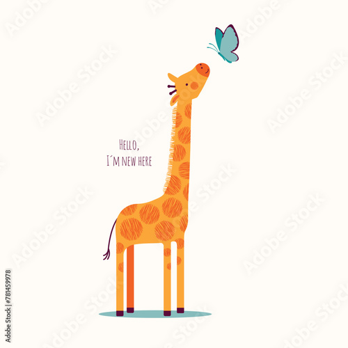Cute giraffes and butterfly. Children's background with cartoon character. Vector graphic