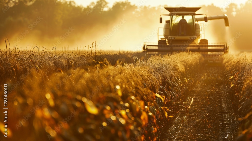 Fototapeta premium Combine harvester in cornfield at sunset