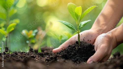 Young Sapling Being Planted by Hand in Sunlit Soil