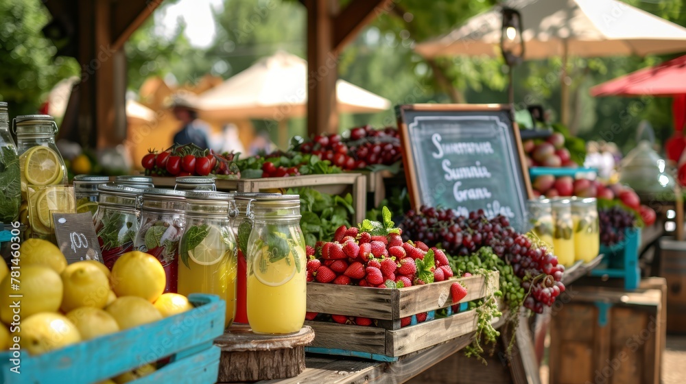 Farm stand display of organic berries and infused drinks. Rustic market booth with fresh summer fruits.