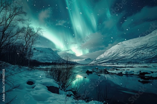 The aurora borealis dancing in the night sky over a tranquil snow-covered landscape  , AI generated