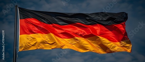 Majestic German Flag Waves Against Blue Sky - Symbol of Unity & Pride. Concept German Flag, National Symbol, Unity, Pride, Identity photo