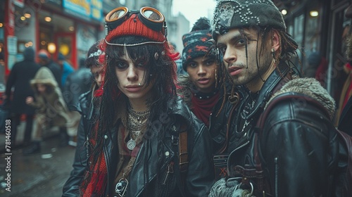 Capture the spirit of rebellious fashion in a realistic photo of a group of friends dressed in alternative styles photo